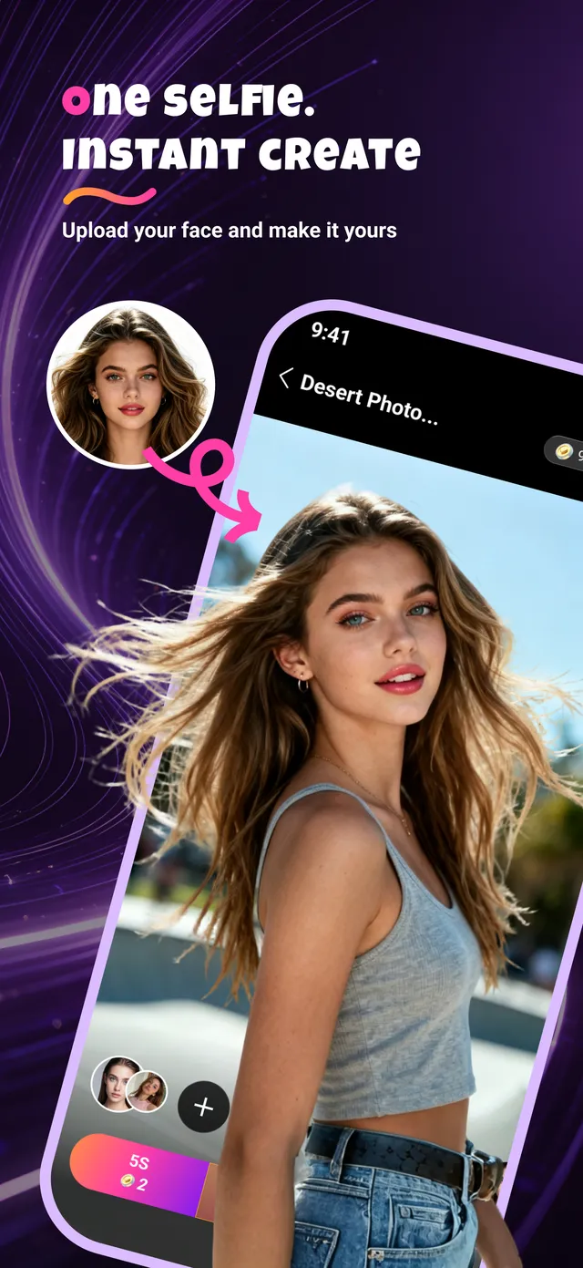 Pixia face swap screen: upload a selfie and create